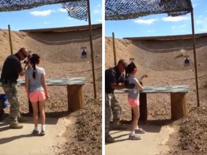 アメリカ・アリゾナ州にて、9歳の女の子がサブマシンガンの射撃に挑戦。