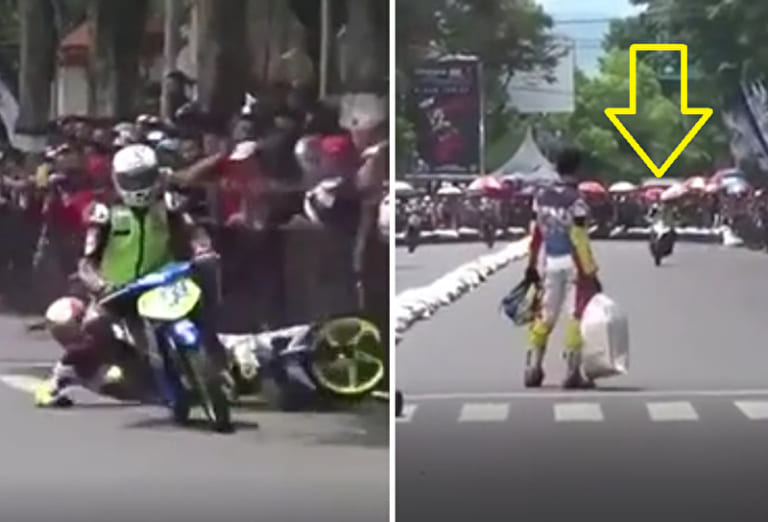【復讐】ロードレースで別のバイクに転倒させられたライダー ⇒ そのバイクがもう1周回ってきた所で…！