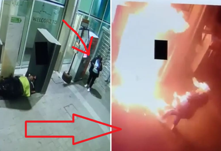 【閲覧注意】女性がホームレスを爆炎死させる動画、常軌を逸してる