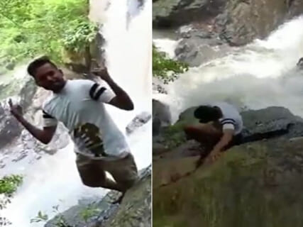 【衝撃映像】滝の立入禁止区域で撮影してたバカ、こうやって死ぬ…