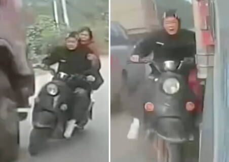 【閲覧注意】彼女をバイクの後ろに乗せてた彼氏、トラック × トラックの隙間を攻めた結果…