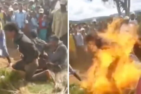 【閲覧注意】妊婦を殺害した男3人、ブチ切れた村人に囲まれてキャンプファイヤーにされる（動画あり）