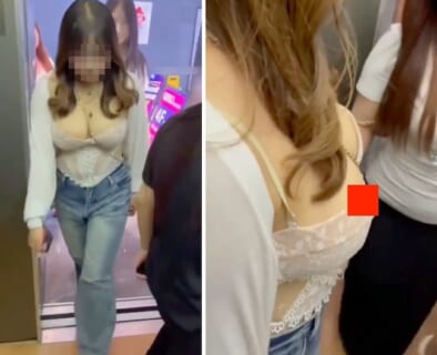 【動画】エレベーターに巨乳すぎる女が乗ってきた結果…服が耐えきれず乳首ポロリｗｗｗ