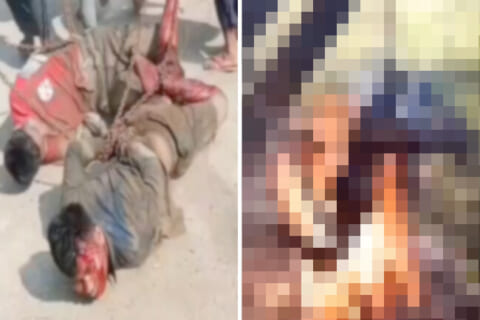 【閲覧注意】ミャンマーの武装勢力に捕まった男達、鎖に吊るされて生きたまま丸焼きにされる
