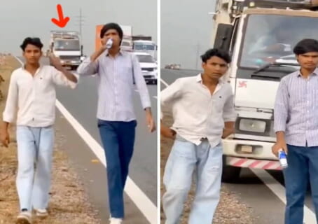 【閲覧注意】道路でカッコつけて動画を撮ってたインドの若者、キチガイトラックに轢き殺される