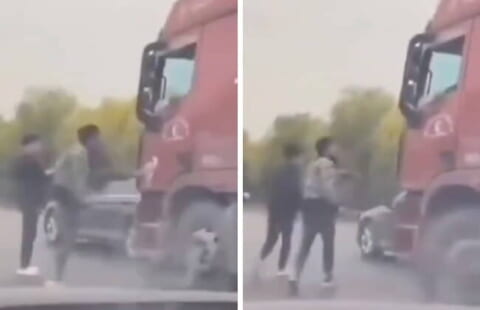 【衝撃映像】トラック運転手にイキリ散らかしたDQN2人組、即ミンチにされる