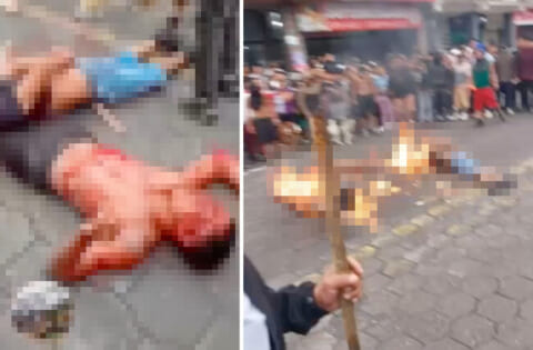 【閲覧注意】殺人鬼2人が町の住民に囲まれて生きたまま焼かれる動画、狂気すぎる