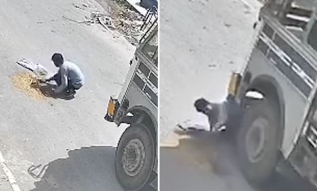 【閲覧注意】道路に落ちた小麦をかき集めてた男性、トラックに頭を踏み潰され ”爆死” する…