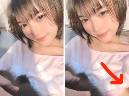【動画】10代美少女「この子がうちの猫です♪」⇒ 乳首出てる事に気づいてない