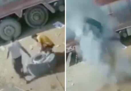 【閲覧注意】上司の忠告を無視して巨大タイヤに空気入れ中の新人バイト、一瞬で消える…