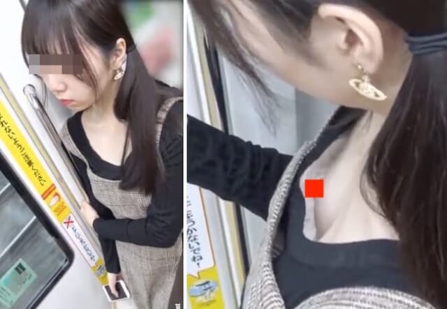 【盗撮】電車でスマホに夢中になってるお姉さん、乳首丸見えだった…これは無防備すぎる