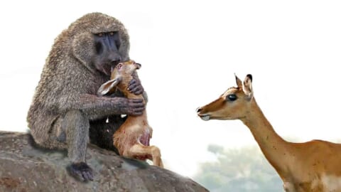 【閲覧注意】マントヒヒがインパラの赤ちゃんを母親の目の前で踊り食いする動画、何度見てもヤバイ